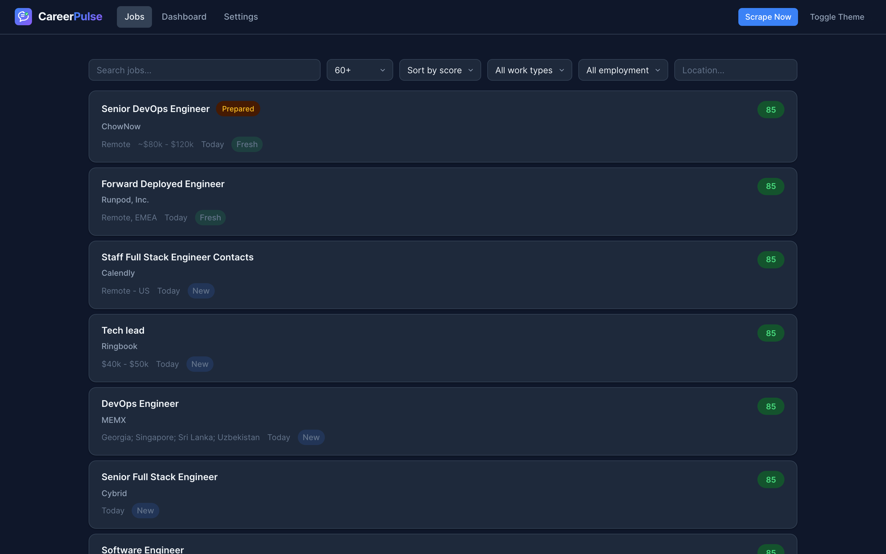 CareerPulse job feed with AI match scores from 8 job boards in dark mode