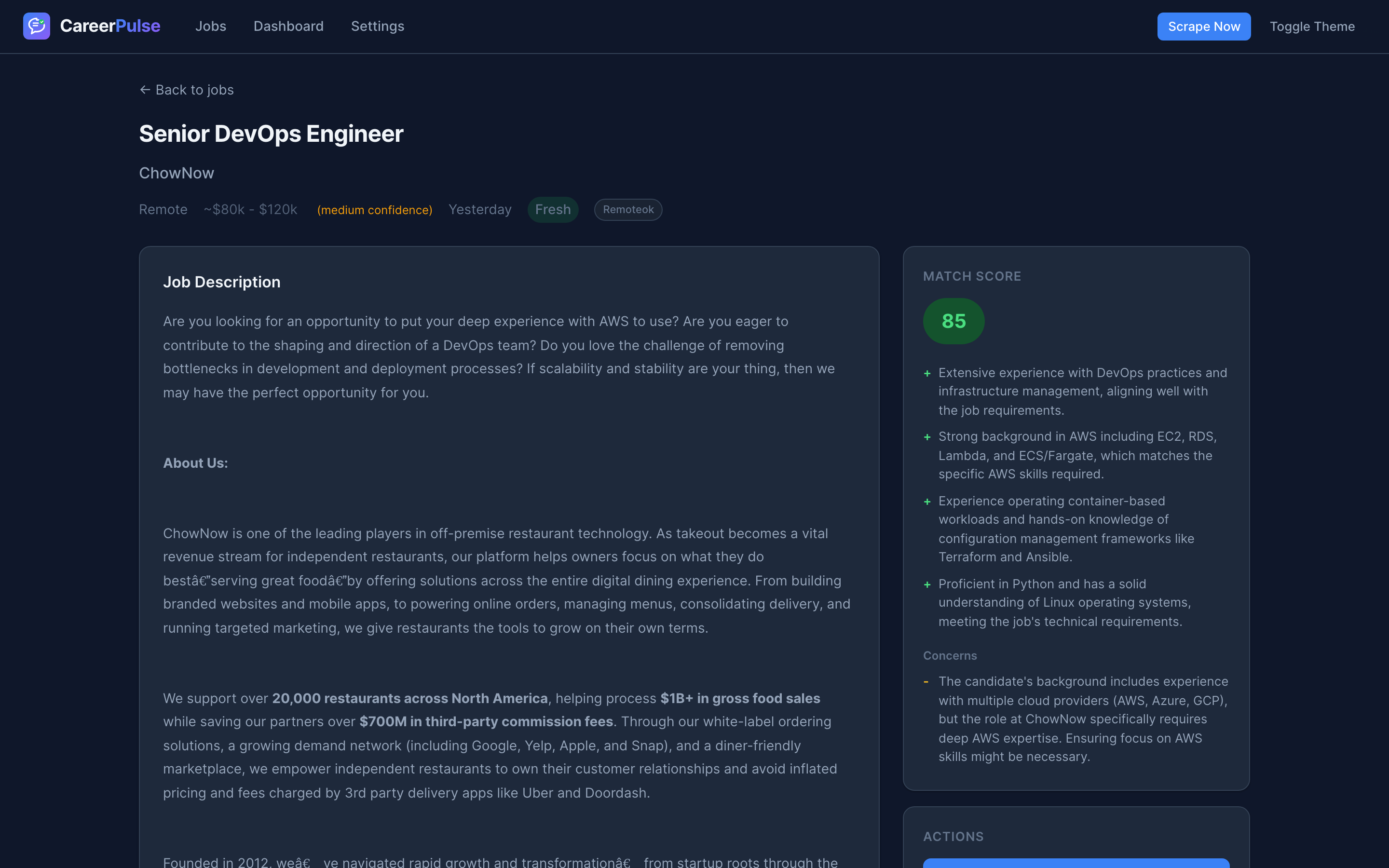 Job detail view showing AI match score, salary estimate, and application prep tools